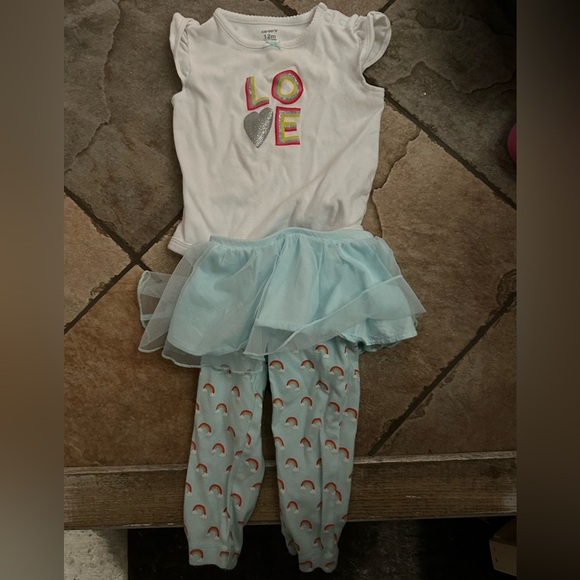 Carters 12 month outfit love onesie with blue pants w/ skirt with rainbow print - Picture 1 of 5